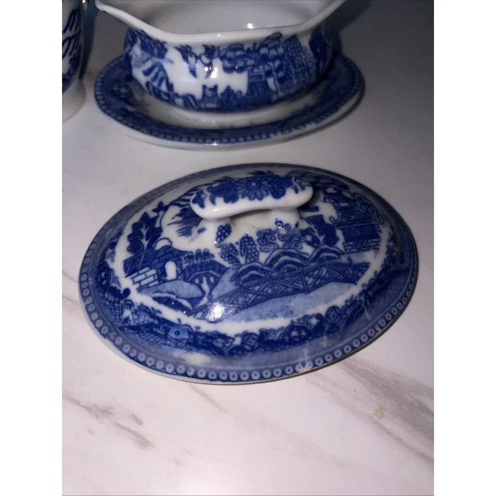 Japanese Child's Set Small Serving Pieces Blue White Ceramic
